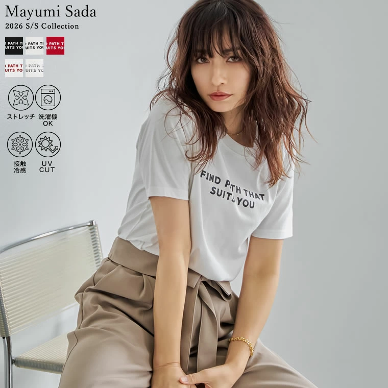 Slogan T 恤，看起来简约 M/L 镀金平纹布 Slogan T 恤 Logo T 标语 短袖剪裁 T 恤 圆领 圆领 平纹针织 电镀白金感 触感清凉 清凉感 仲夏防紫外线 防紫外线 遮阳罩 防紫外线 防晒 佐田真由美 与佐田真由美合作 2026 春夏 2026S/S 2026SS