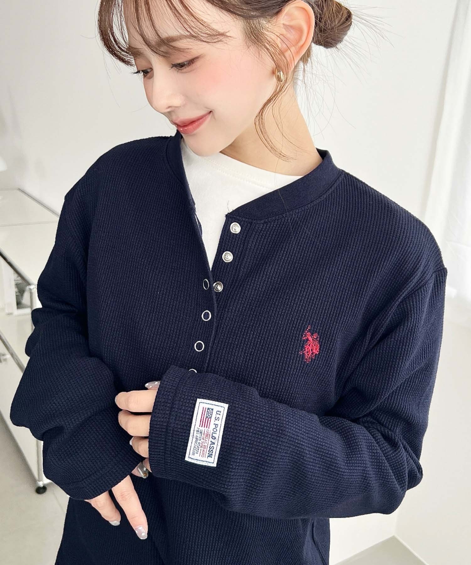 U.S.POLO ASSN.一点刺绣长袖华夫格亨利领套头衫