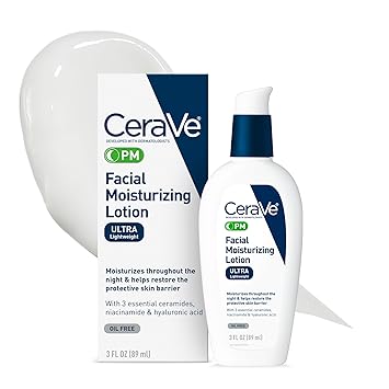 CeraVe PM 面部保湿乳液，含透明质酸和烟酰胺的晚霜，超轻质无油面部保湿霜，3 盎司