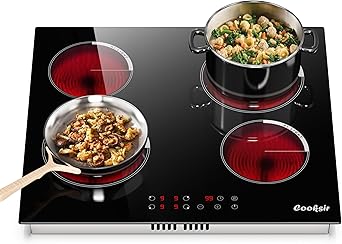 电炉灶 24 英寸，4 燃烧器电炉顶嵌入式 (22.05"x19.3") 220V-240V，24 英寸大型陶瓷炉灶，带陶瓷玻璃，定时器，儿童安全锁，220V 硬接线（无插头）