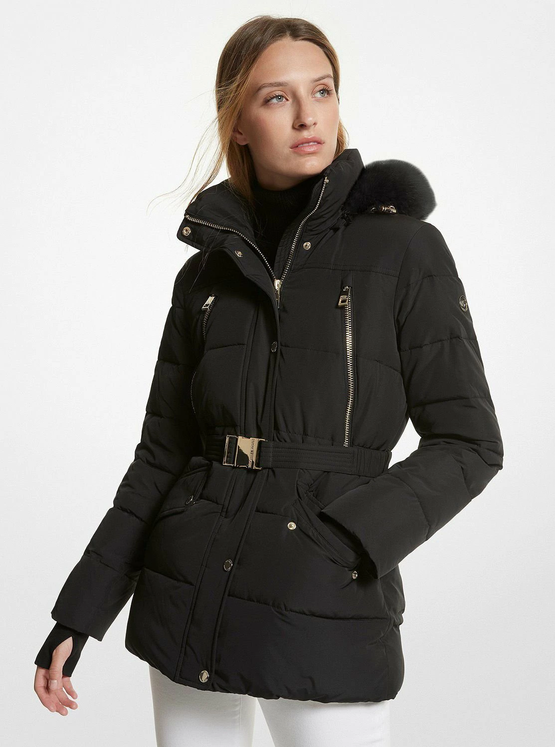 Forfur 饰边绗缝配腰带羽绒夹克 Michael Kors