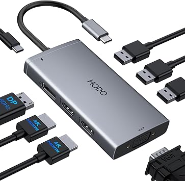 USB C 坞站双显示器适配器适用于戴尔 HP、笔记本电脑坞站 3 显示器四显示屏 USB C 集线器加密狗至 4K HDMI+DP+VGA、3 USB2.0、100W PD、8 合 1 Thunderbolt 坞站适用于联想、Surface