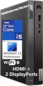 Lenovo ThinKCentre neo 50q Gen 4 Tiny 1L 商务迷你台式电脑，第 13 代英特尔 8 核 i5-13420H (Beat i7-1355U)，16GB DDR4 RAM，512GB PCIe SSD，2 个 DisplayPorts，WiFi 6，Win 11 Pro，Vent-Hear