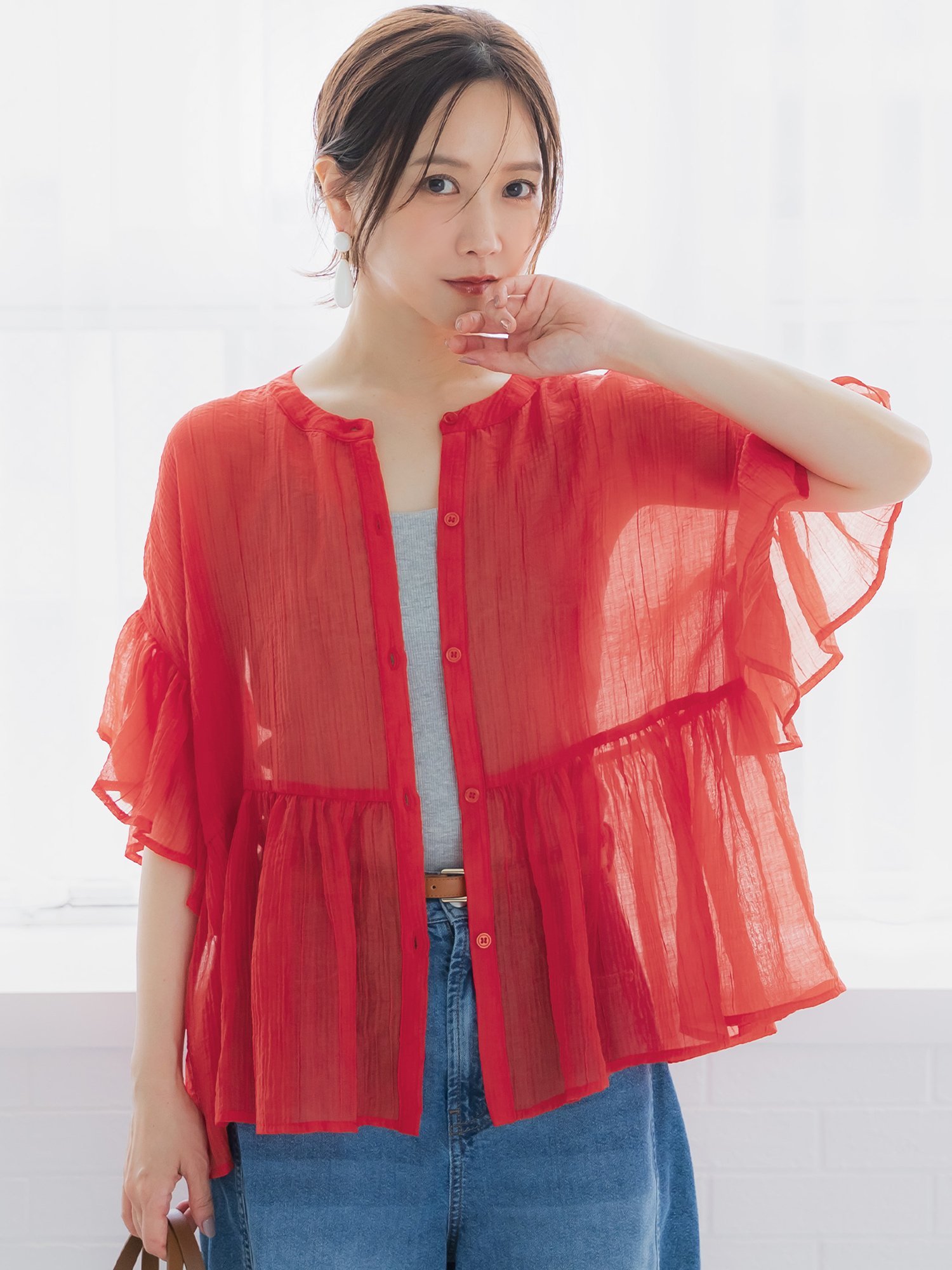 [Rina Tanaka 穿] 透明荷叶边衬衫