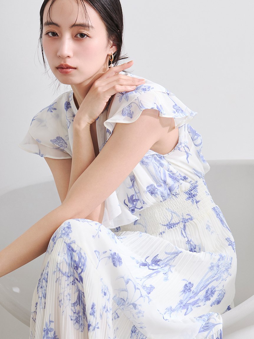 【00尺码可选】褶边腰部抽褶印花连衣裙/可水洗