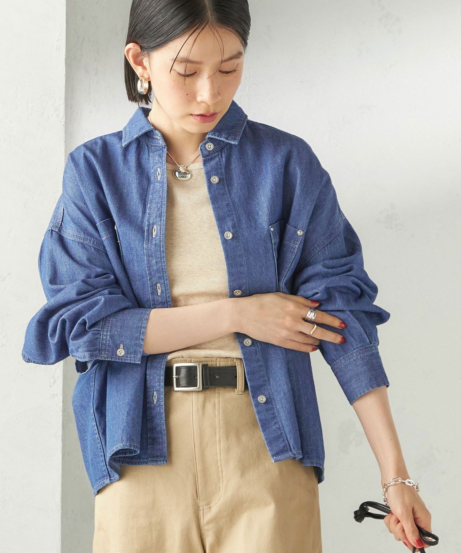 <可机洗> 浅盎司牛仔布短衬衫