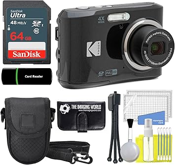 柯达 PIXPRO FZ45 16MP 数码相机 4 倍光学变焦 27 毫米广角 1080P 全高清视频 2.7 英寸液晶相机（黑色）+ 64GB 卡和读卡器+保护套+内存包+三脚架+清洁套装