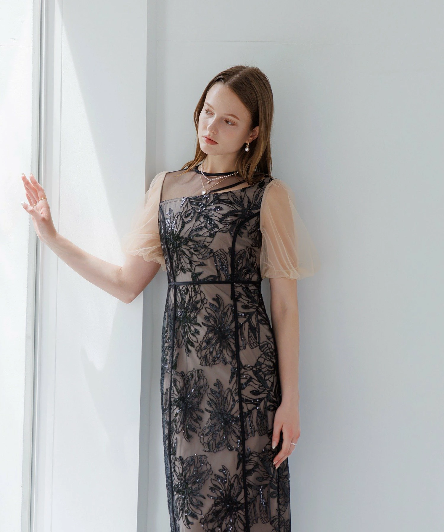 LEJA-不对称透明花卉图案连体连衣裙婚礼女式