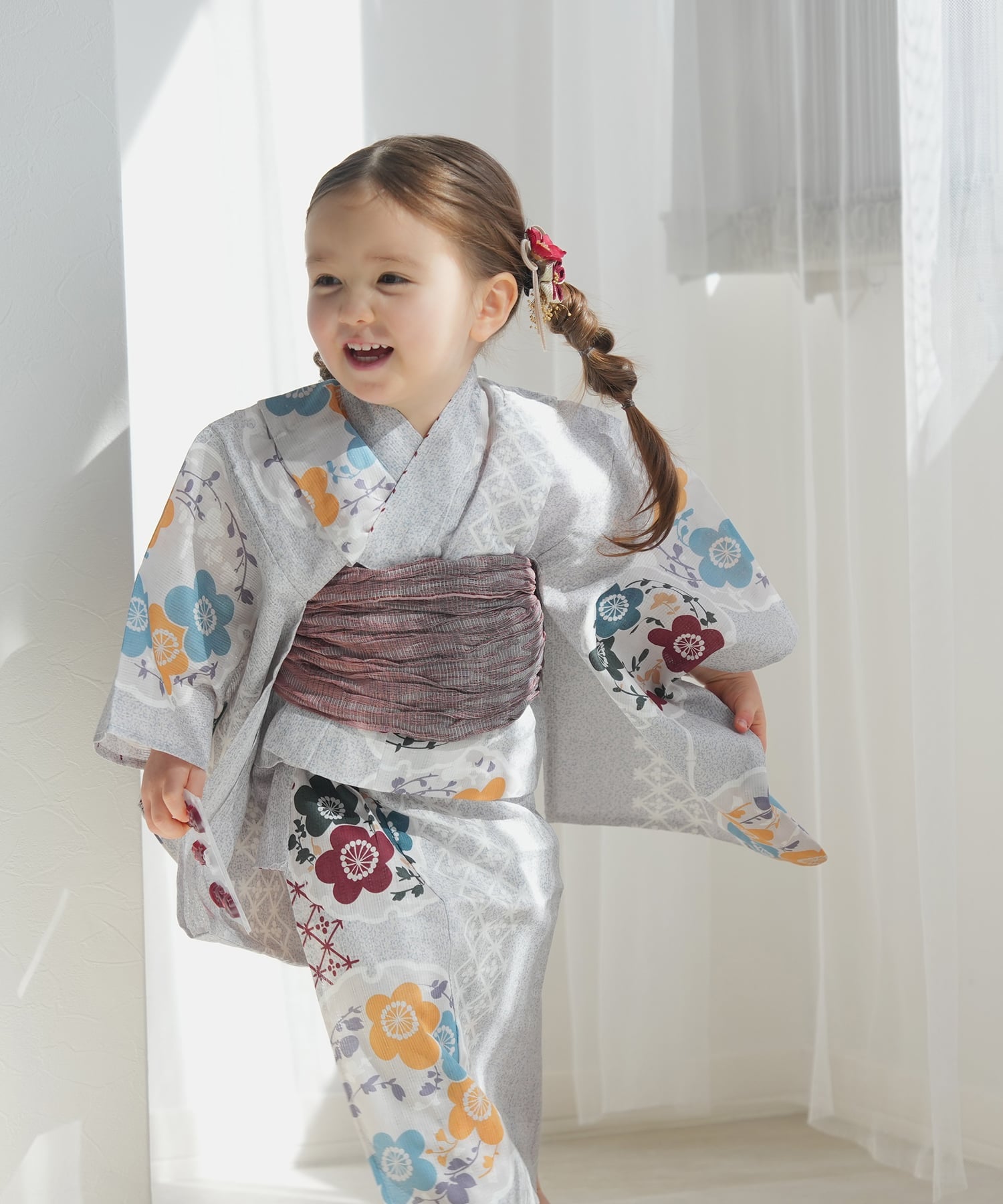 utatane 儿童浴衣 3 件套女孩灰蓝色雾梅花雪圈