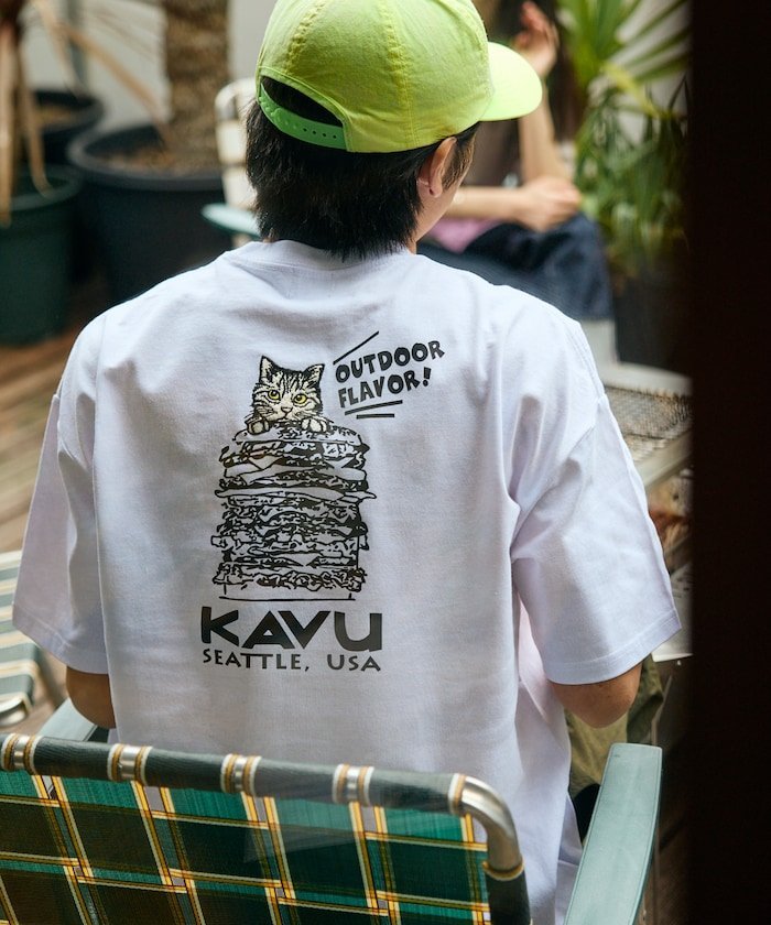 KAVU×FREAK'S STORE/カブ- 別注 ビッグシルエット バックデザイン刺繍 クルーネック Tシャツ / Burger Cat【限定展開】