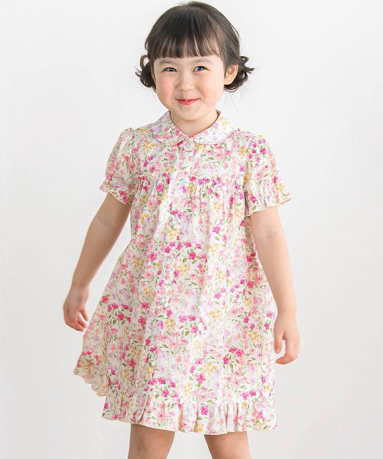 【店铺限定】花朵印花短袖缩褶连衣裙（95~150cm）