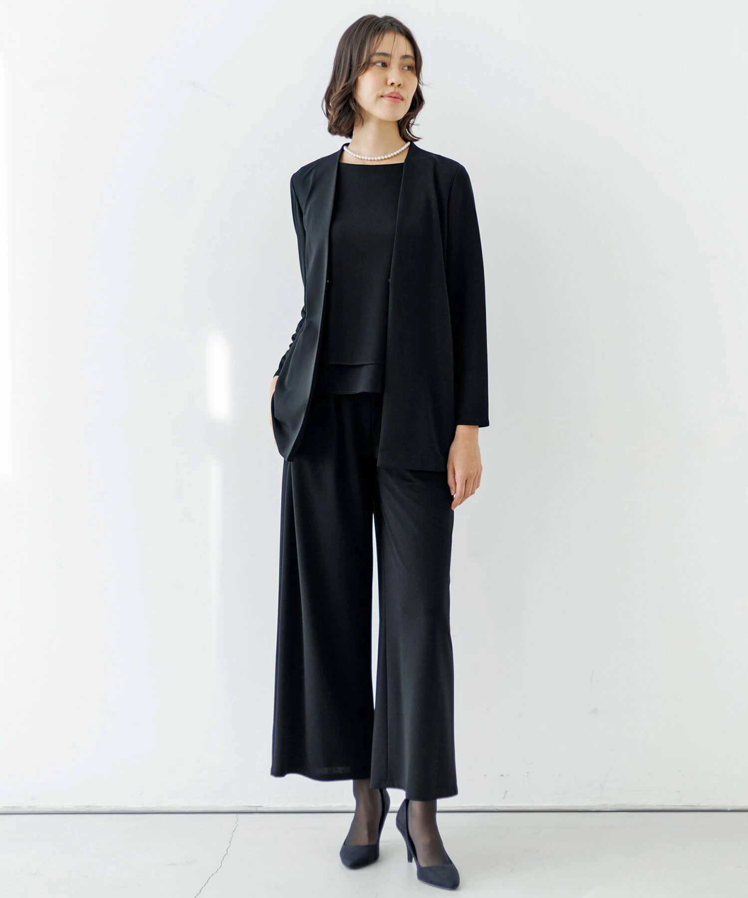 可水洗|弹力材料折叠裤套装丧服黑色正装