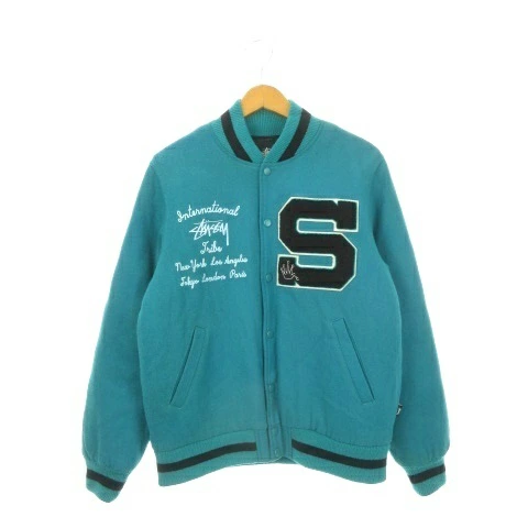 [二手] STUSSY 体育场夹克束腰夹克补丁刺绣绗缝背面 S 蓝绿色 /AH19 ■GY01 [矢量旧衣服] 251211