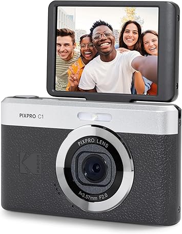 柯达 PIXPRO C1 数码相机，13MP 紧凑型傻瓜相机，4 倍光学变焦，180 度翻转屏，1080p 高清视频，黑色