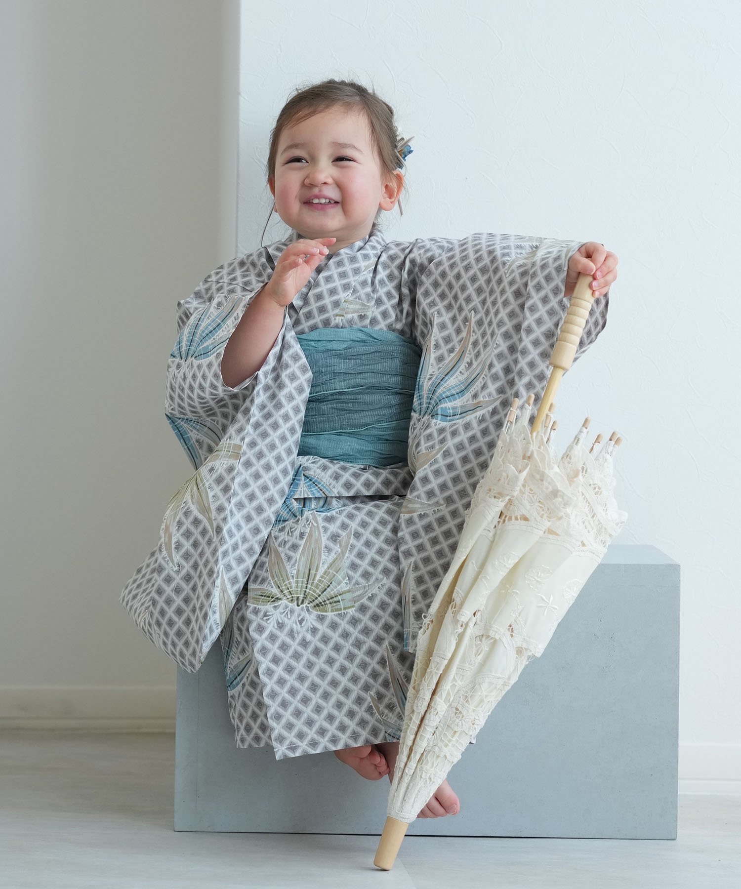 utatane 儿童浴衣 3 件套 切子纹章和清凉弹珠汽水色松木