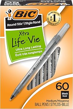 BIC Round Stic Xtra Life 圆珠笔，中号（1.0 毫米），黑色，60 支装