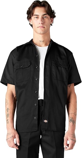 Dickies 男式短袖工作衬衫 – 耐用斜纹布纽扣男式衬衫，适合日常穿着的轻便制服