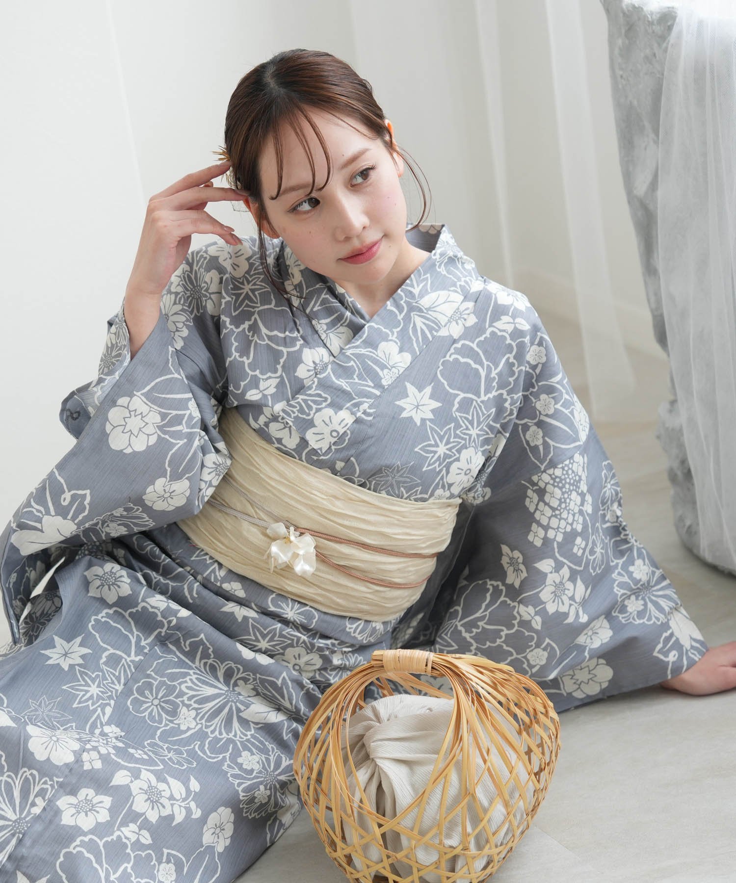 utatane 浴衣三件套 优雅灰色经典花朵