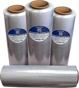 International Plastics Co. 18 英寸拉伸膜/缠绕膜 1500 英尺 7 层 80 规格工业强度高达 800% 拉伸 20 微米透明耐用粘合包装移动重型收缩膜 4 盒装