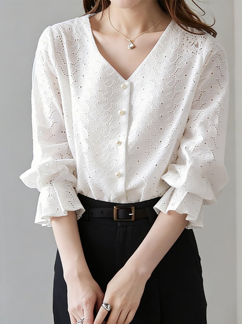 V 领蕾丝衬衫女式上衣
