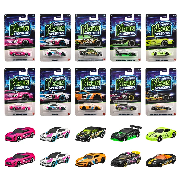 Hot Wheels 霓虹灯调速车什锦车辆玩具迷你汽车一盒 10 件 3 岁起销售多 HLH72-986G 玩具