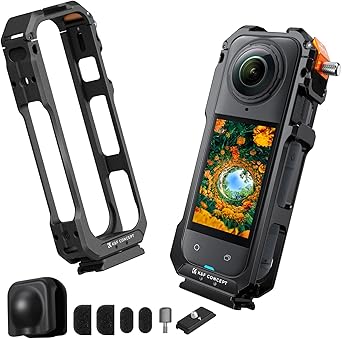适用于 Insta360 X5 的 K&F CONCEPT 相机笼，带硅胶镜头盖的铝合金保护壳，带 2 个用于麦克风和 LED 视频灯的冷靴座的框架，内置 1/4 英寸螺丝孔