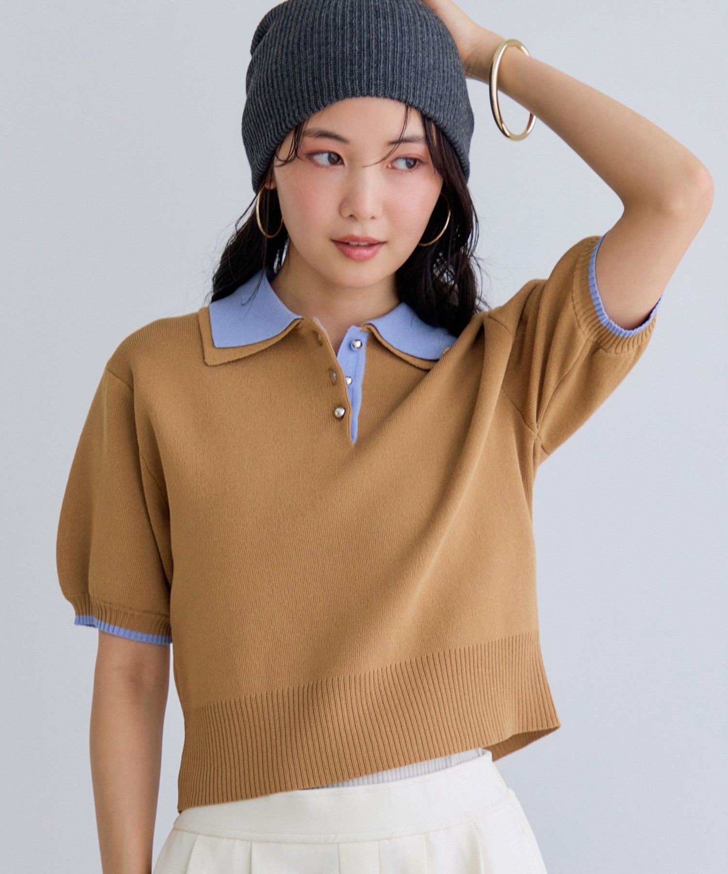 双色短袖polo针织上衣/WEB限定色