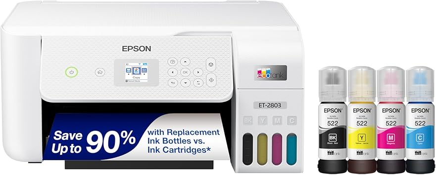 Epson EcoTank ET-2803 无线彩色一体式无墨盒 Supertank 打印机，支持扫描、复印和 AirPrint