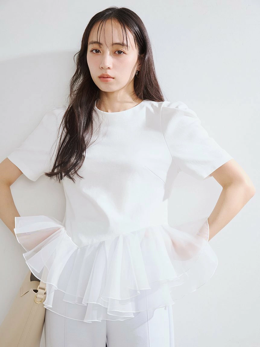 【WEB限定色】透明荷叶边剪裁上衣/可水洗