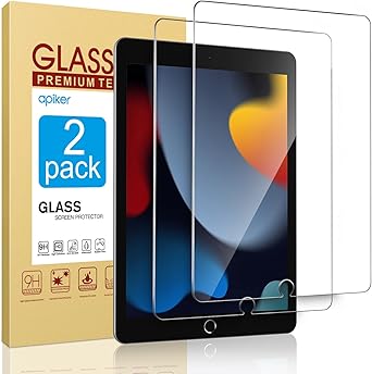 apiker 2 件装屏幕保护膜，适用于 iPad 9 8 7 代 10.2 英寸，钢化玻璃膜，适用于 iPad 9 8 7 (2021/2020/2019)，适合保护壳，兼容 Apple Pencil，高响应