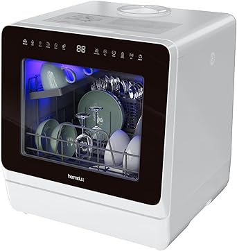 Hermitlux 台面洗碗机，7 种洗涤程序便携式迷你洗碗机，带 5 升内置水箱，适用于公寓和房车、LED 灯、玻璃门，无需连接