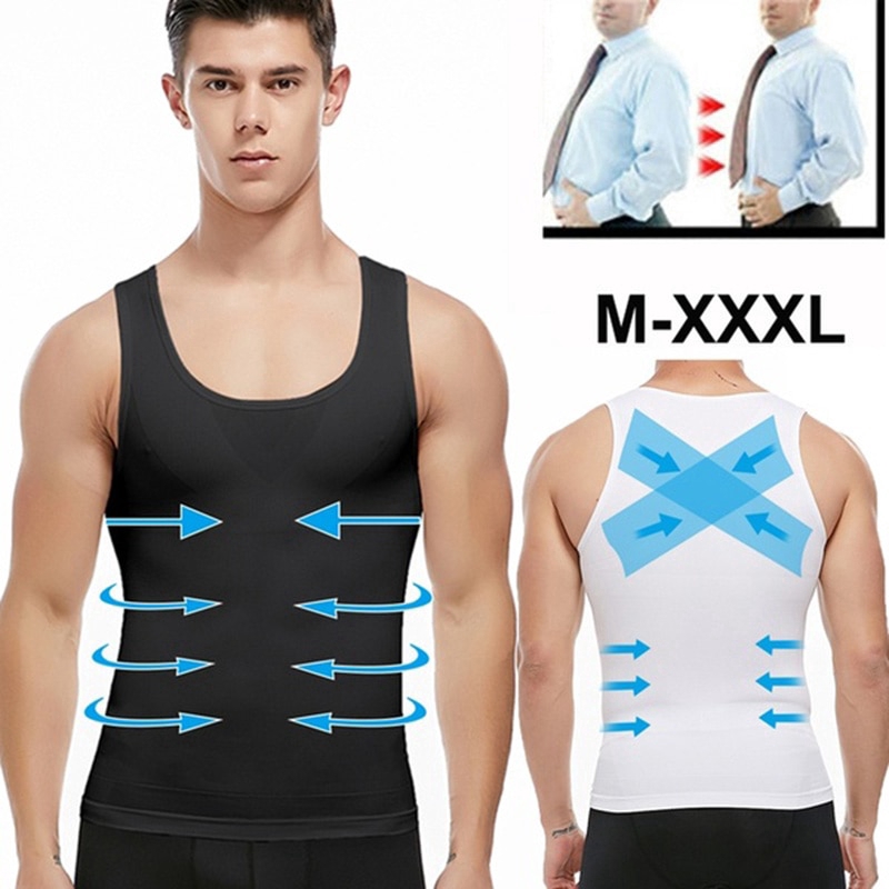 【M-3XL】男士塑身压缩衬衫健身背心腹部运动弹力面料背部支撑塑身衣背心