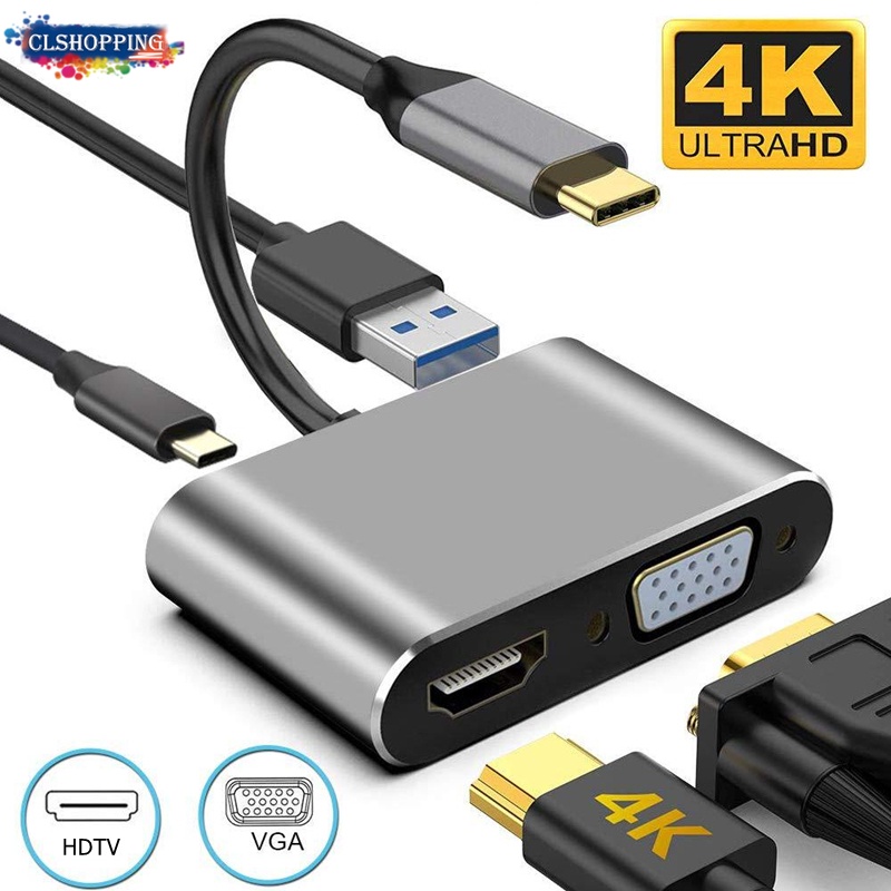 4 合 1 USB Type C 转 HDMI/VGA/USB 3.0/PD 充电 4K 60HZ 多端口集线器 USB C OTG 适配器转换器适用于 Macbook Pro/Air /ipad/mate 30 40 50 60/s22 ultra s23