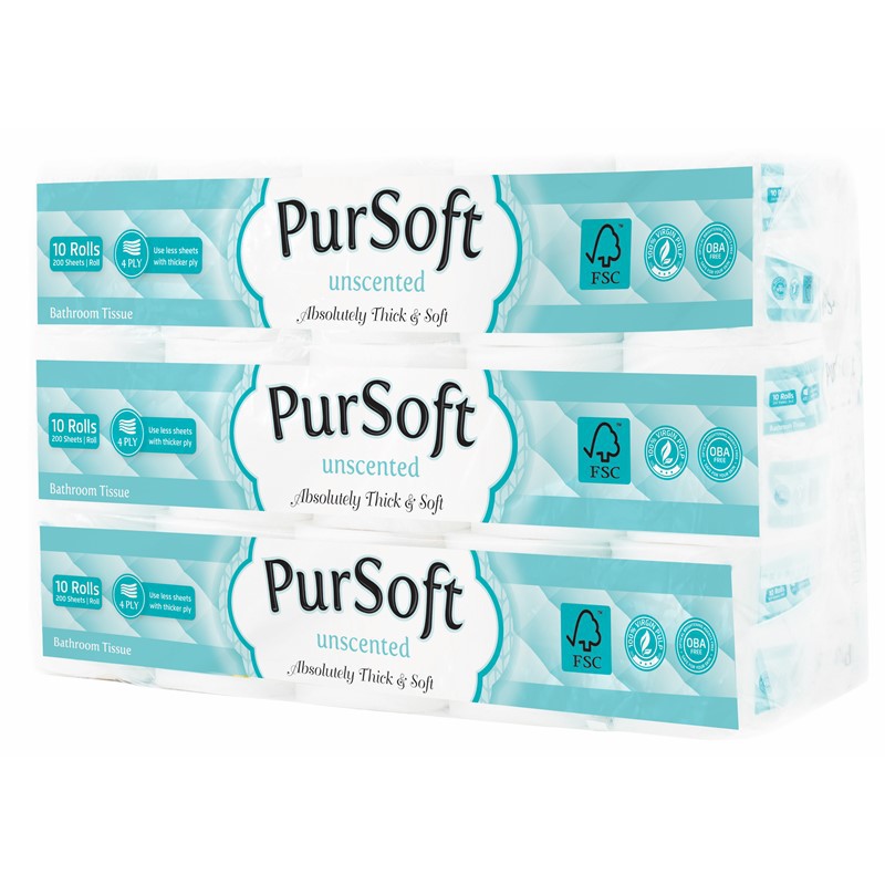 PurSoft 4 层无味浴室纸巾 200 张，每包 30 张卫生纸