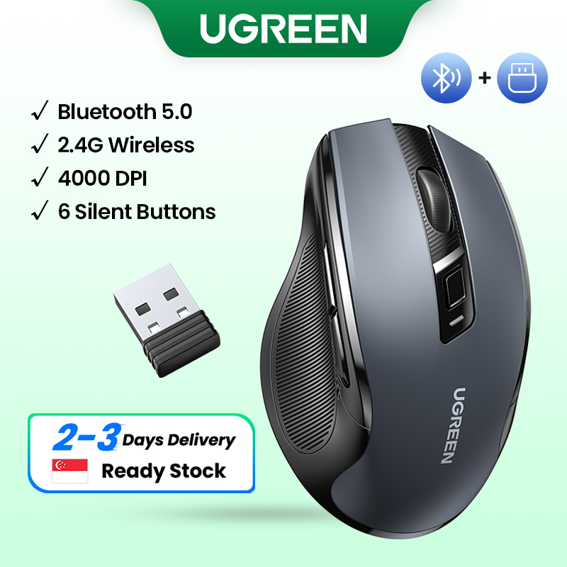 UGREEN 无线鼠标，6 个静音按钮，2.4G 带 USB 迷你接收器，5 级 DPI 设置 4000DPI，双手通用 PC / Mac /Linux 笔记本电脑