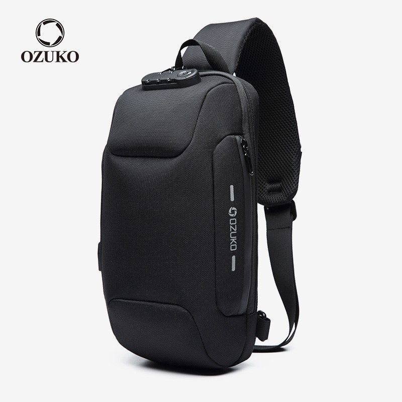OZUKO 时尚男士防水 USB 充电斜挎包防盗锁吊带胸包