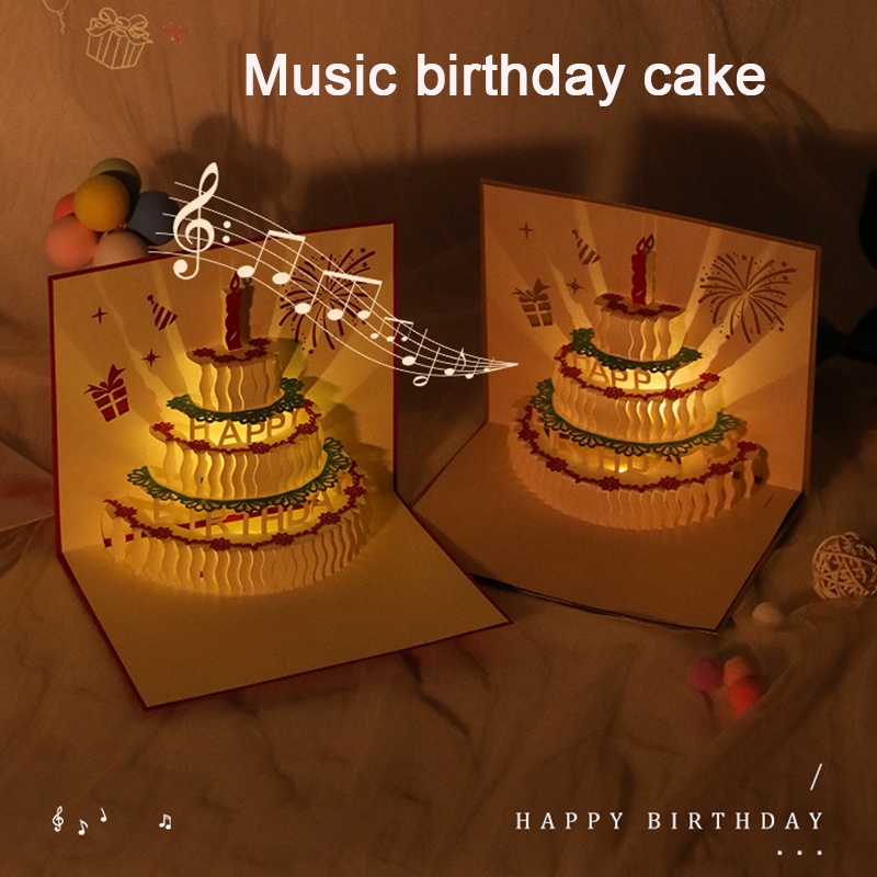 音乐生日卡弹出3D蛋糕音乐灯光贺卡（含音乐灯和无音乐灯）创意生日派对礼物留言卡