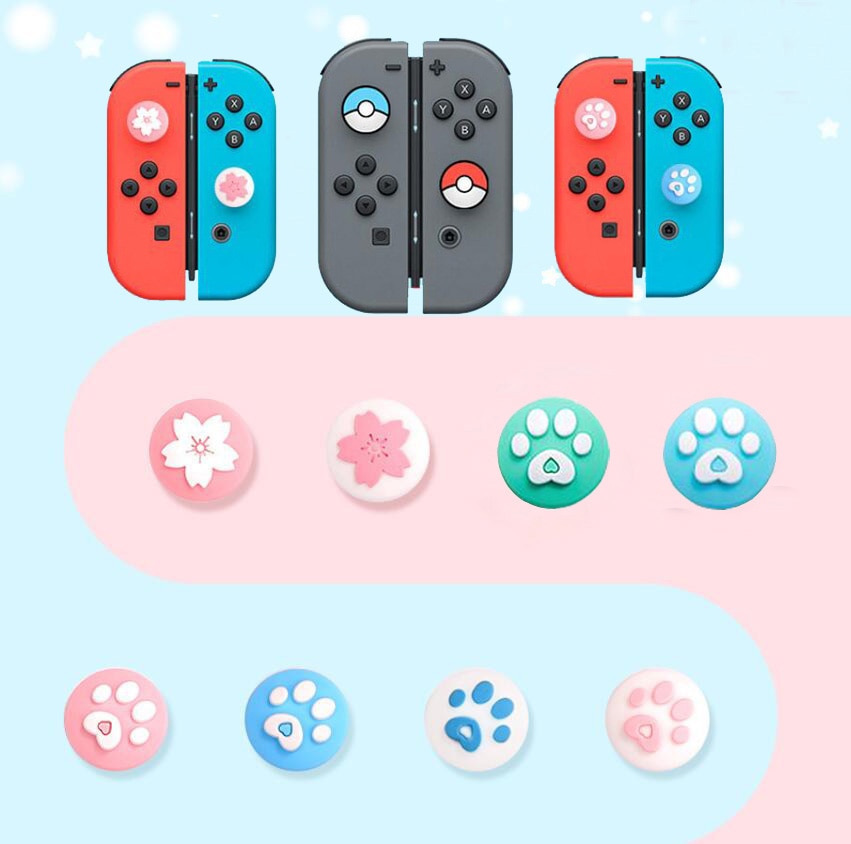 可爱猫爪爪樱花拇指棒握把盖操纵杆保护套适用于 Nintendo Switch 和 Nintendo Switch OLED /Lite JoyCon 控制器游戏手柄拇指杆保护套