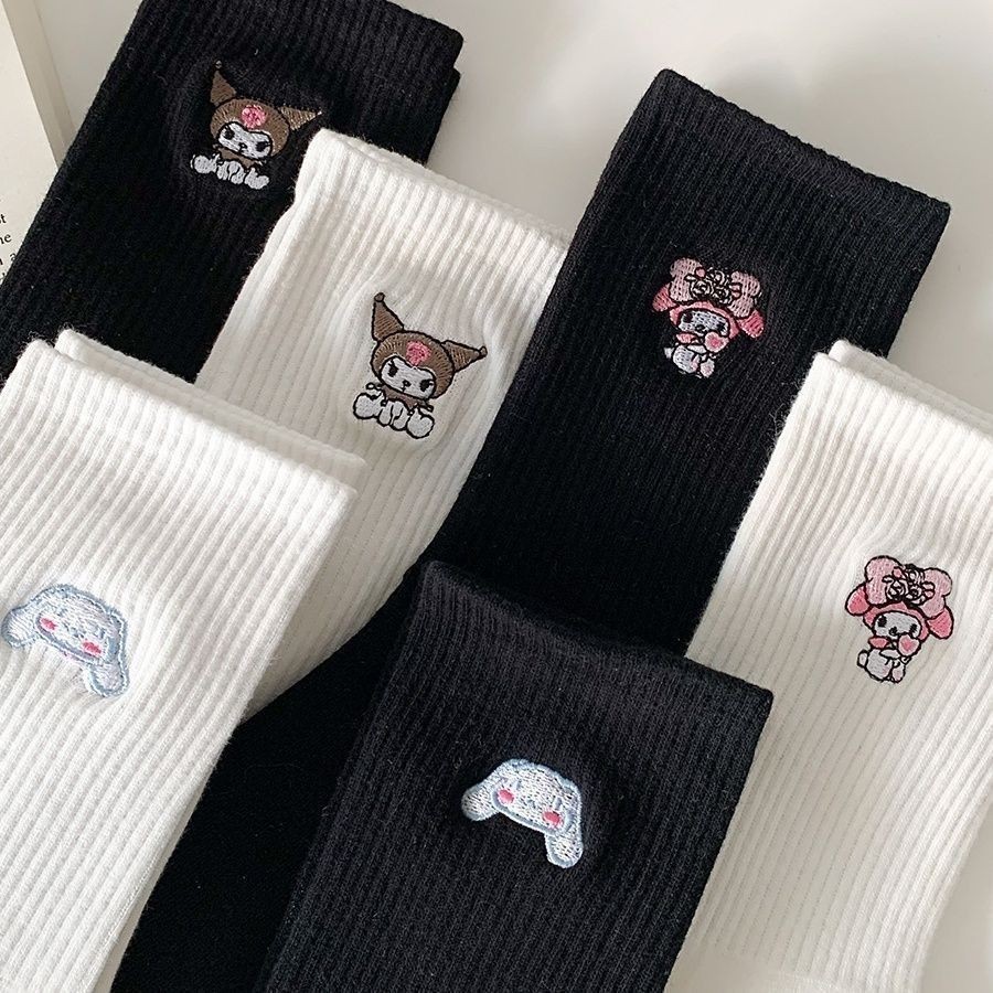 可爱三丽鸥黑白中筒袜日本 Cinnamoroll Kuromi My Melody 女童女式棉袜