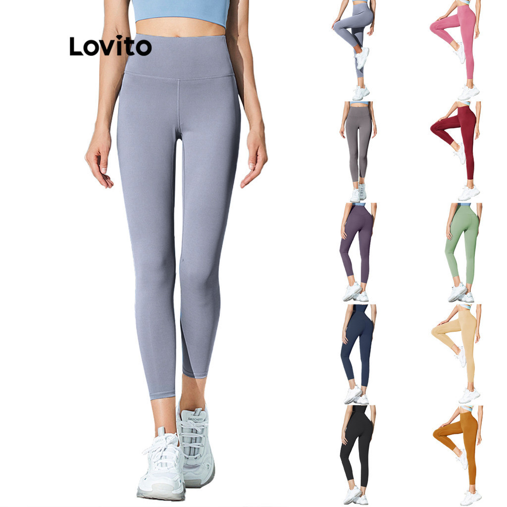 Lovito 夏季纯色高腰运动瑜伽裤女压缩打底裤 L02044 (浅蓝/粉色/黑色/深蓝)