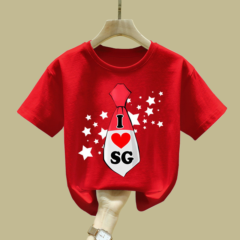 I Love Sg 可爱领带图案印花T恤新加坡国庆儿童装国庆男童女童衣服