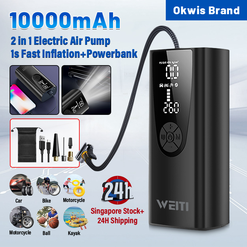 [SG 库存] WEITI 10000mAh 电动空气压缩机打气筒汽车自行车打气筒无线打气筒汽车打气筒轮胎打气筒轮胎汽车打气筒便携式打气筒数字胎压检测