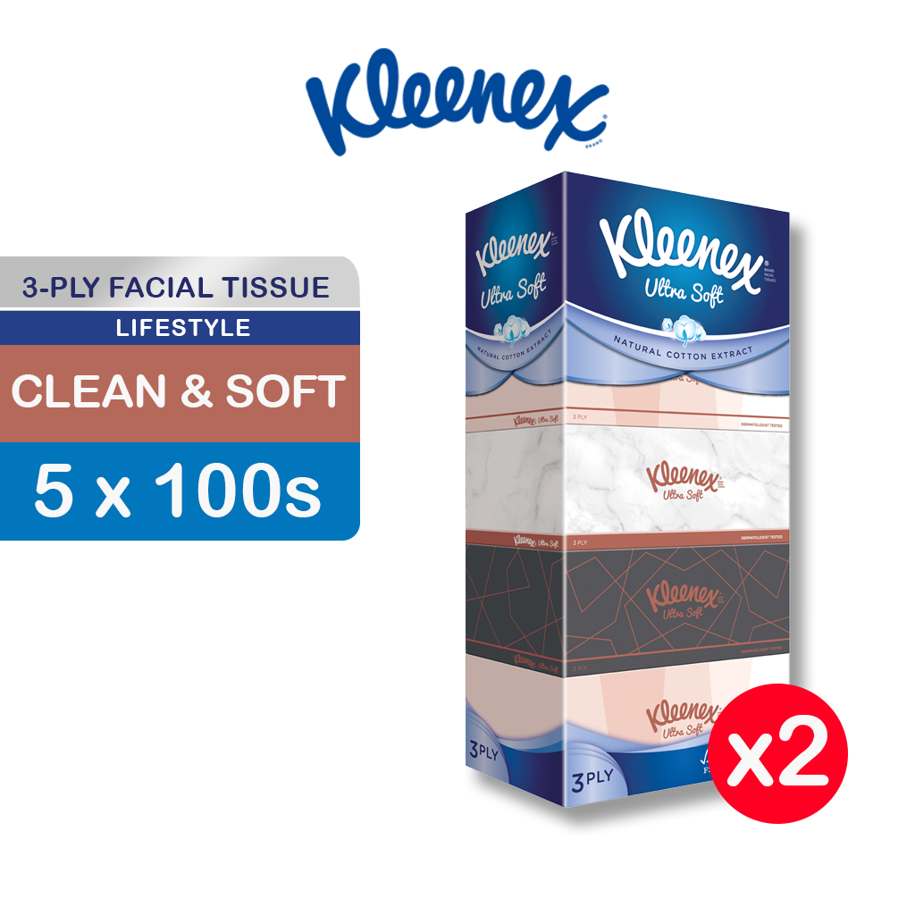 （2 件装）Kleenex 超柔软 3 层面巾纸 5x100 张 - 生活时尚