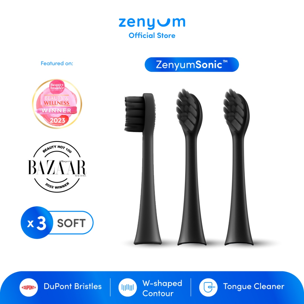Zenyum 声波电动牙刷黑色补充刷头 - 3 件装