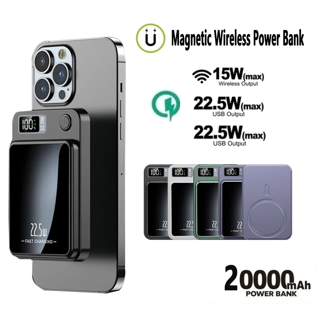 SG 卖家库存磁性移动电源 22.5W 快速充电 20000mAh 无线移动电源便携式充电器适用于 iPhone 三星