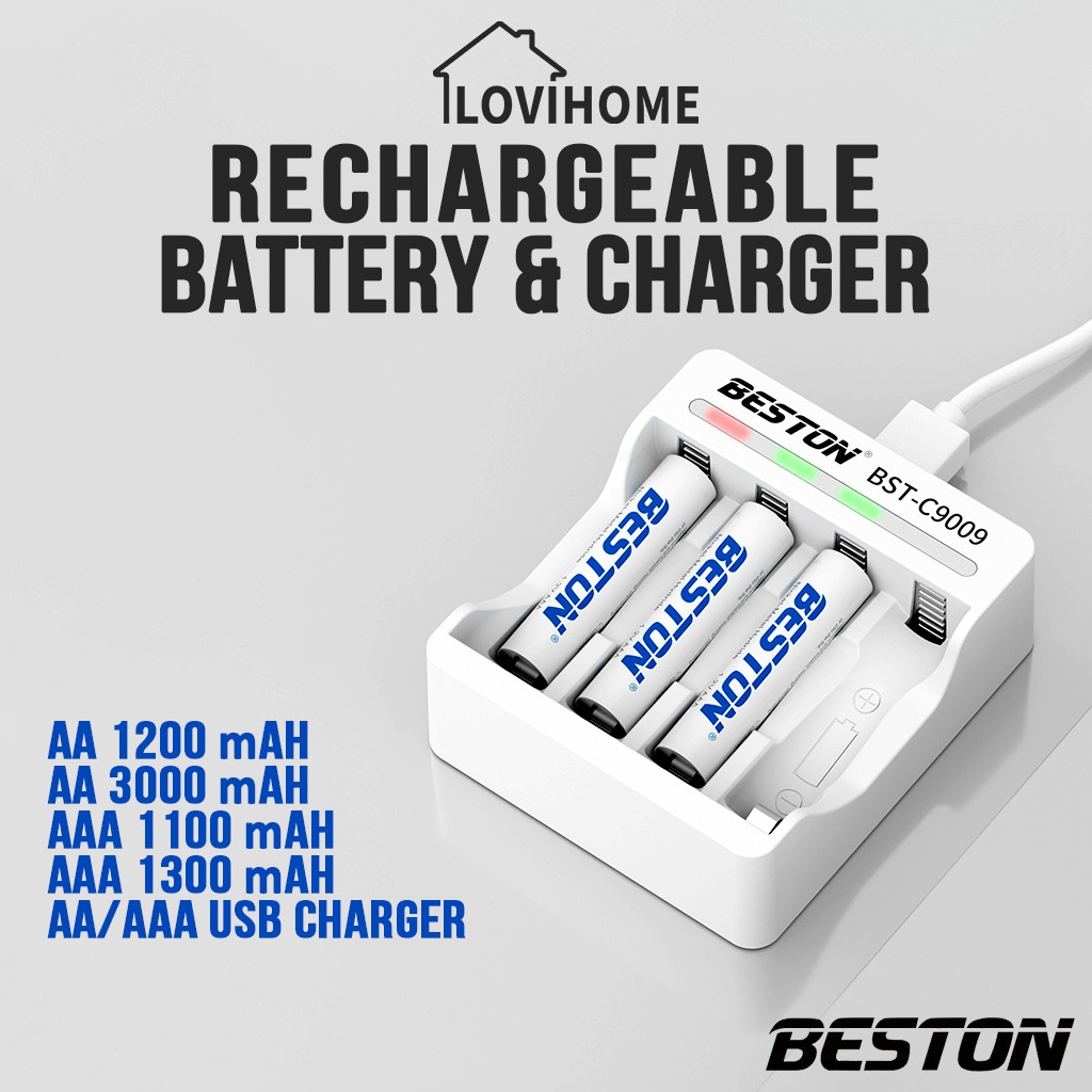 Beston AA AAA 充电电池组镍氢 LED USB 充电器可充电双 3 A 电池免费盒