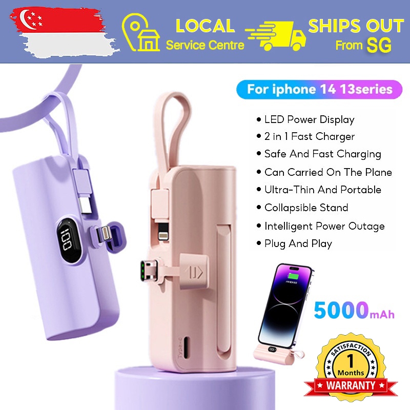 [SG Ready Stock] 迷你快速充电移动电源带电缆 5000mAh 便携式充电器小型移动电源适用于 iPhone