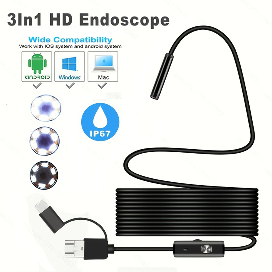 1 件 3 合 1 Type-C 微型 USB 内窥镜摄像头 0.3 英寸/7 毫米防水镜头 6 个 LED 灯 6.6 英尺/2m 软硬线管适用于汽车检查、空调内部检查工业管道 I
